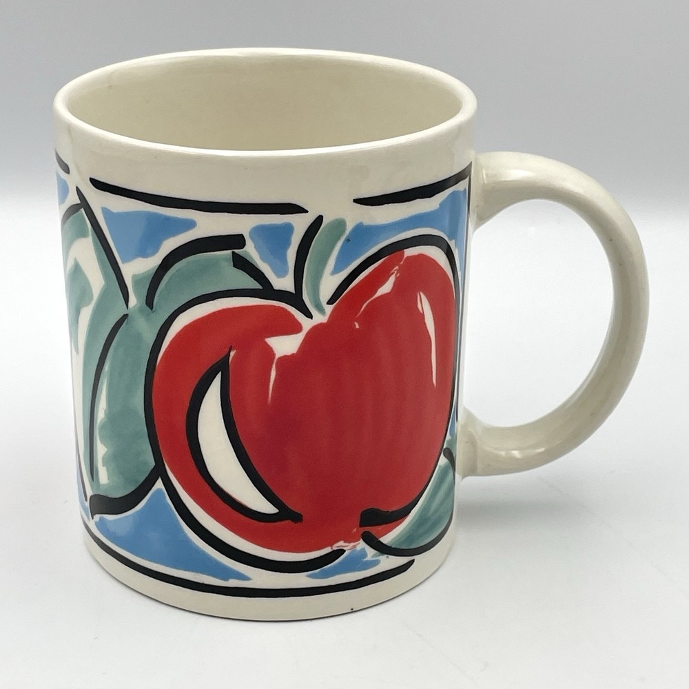 Vintage 1990s Gibson Housewares Apple Coffee Mug Red Teal Blue Ceramic 3.75"